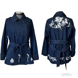 Hand stenciled Upcycled Double breasted Jean Jacket XL
